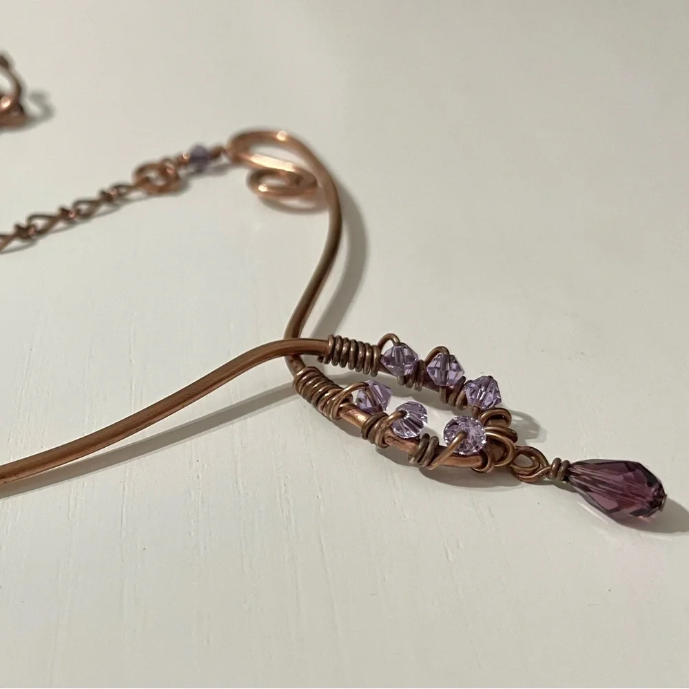 Copper Scroll Necklace Beaded Plum and Lilac‎ Crystals Elegant Rustic Handmade